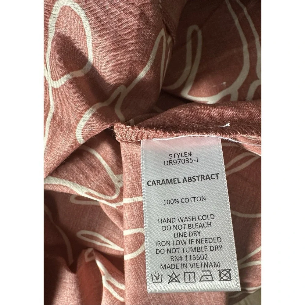 Lush Caramel Abstract Puff Sleeve Cutout Midi Dress Size M NWT 100% Cotton - Picture 11 of 12